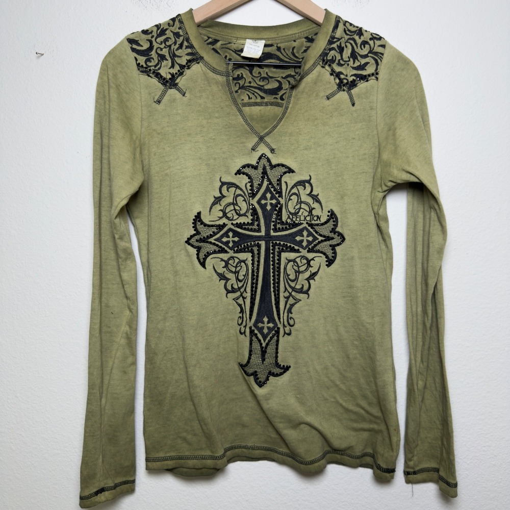 Affliction Women 100% Cotton Long Sleeve Shirt Small Green Cross Cyber Grunge